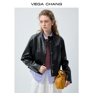 VEGA CHANG 黑皮立扣短款皮质夹克
