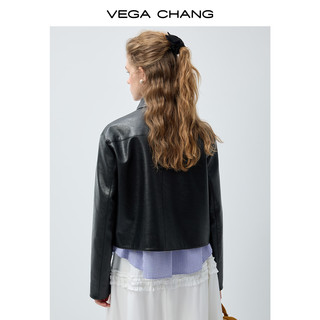 VEGA CHANG 黑皮立扣短款皮质夹克