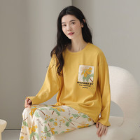 芬腾睡衣女【100%纯棉】秋冬圆领长袖花卉睡衣女家居服套装 黄色 XL