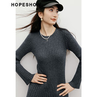 红袖（hopeshow）高级修身显瘦连衣裙2025冬季女装竖坑条正肩圆领A字针织长裙 深灰080 L