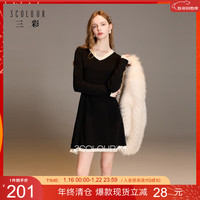 三彩 女士针织连衣裙 花边V领长袖A字短裙