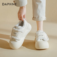 达芙妮 加绒加厚雪地靴女2025秋冬毛毛保暖棉鞋魔术贴厚底可爱小白鞋 米色 37