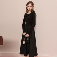 三彩2025冬季新款拼接小黑裙收腰连衣裙A字裙长裙优雅M 经典黑