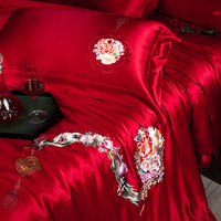枕水人家 手绣重磅真丝四件套 100%桑蚕丝 床单被套 丝滑裸睡丝绸 高端床上用品