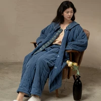 优桓 女士夹棉袄加绒加厚灯芯绒长款睡袍长裤套装