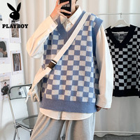 PLAYBOY 春秋款格子毛衣背心男V领ins套头港风日系潮流复古宽松针织衫马甲 蓝色 L