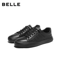 PLUS会员：百丽 压花小白鞋男鞋牛皮青春舒适厚底板鞋A2257 黑色菱格