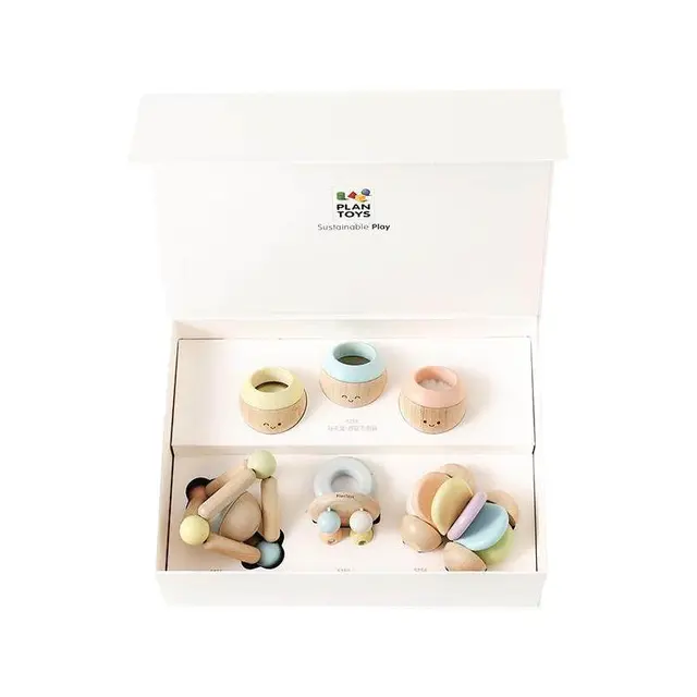 plantoys新生儿木制马卡龙摇铃婴儿玩具礼盒0到1岁