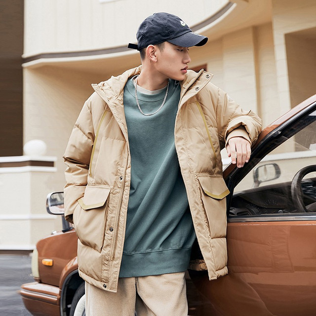 雪中飞 秋冬大口袋运动中长款男士羽绒服防风保暖时尚男外套 7101卡其色 L 175/92A
