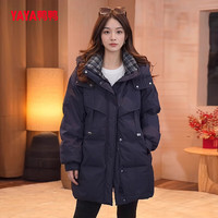 鸭鸭(YAYA)中长款羽绒服女2025年冬季时尚复古休闲百搭连帽保暖鸭绒外套 藏青色 S /155