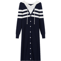 拉谷谷 春秋连帽设计感条纹舒适连衣裙女文艺风直筒裙休闲