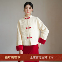 初蝉衣事 新中式撞色棉服女 2025冬季国风肌理感提花盘扣对襟夹棉短外套