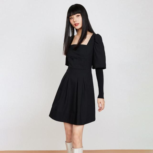 ONLY 冬季方领灯笼袖短款小黑裙法式长袖连衣裙女