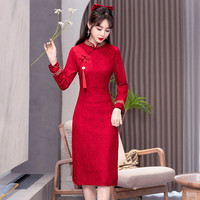 弹簧人旗袍 红色旗袍 2025改良旗袍连衣裙女敬酒服 酒红色 M