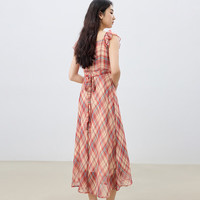自巧小个子红色雪纺格纹连衣裙女2025夏装新款掐腰裙度假风长裙子 红白格
