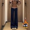 深蓝色不贴腿微喇牛仔裤女2025秋冬加绒加厚宽松显瘦百搭阔腿裤子