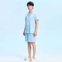 【肖战同款】猫人小冰块睡衣夏男女家居服2025冰丝可外穿 【男|短袖短裤|翻领】浅蓝 L