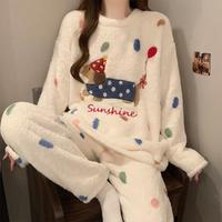 莫代尔 波点圣诞狗珊瑚绒睡衣女款冬季加厚保暖法兰绒家居服可外穿