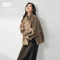 对白 冬装复古仿羊羔毛毛绒女式短外套气质慵懒软糯保暖上衣