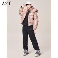 A21女装时尚亮面厚羽绒服短外套冬季可拆帽宽松羽绒服