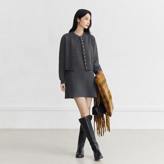 对白 冬装miu系女式针织套装裙圆领开衫背心裙气质两件套