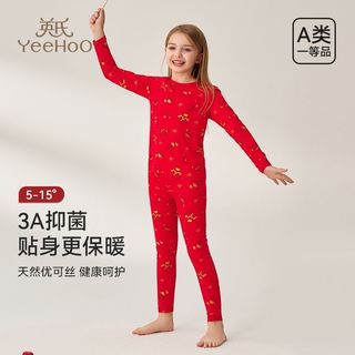 英氏儿童保暖内衣套装女童红色本命年秋衣秋裤新年睡衣家居服