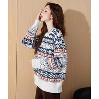 唐狮 2025秋冬慵懒风复古图案圆领套头毛衣女春秋可外穿小个子上衣