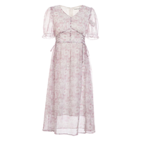 百图betu女装夏季新款连衣裙气质V领短袖印花雪纺连衣裙女2306T49 粉红