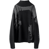 幻象者原创设计感钩花慵懒风高领毛衣OVERSIZE冬季情侣针织衫外套 黑色