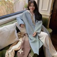 蓝色双面毛呢大衣2025秋冬季韩版宽松中长款系带毛呢外套女