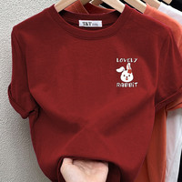 恒源祥2025正肩磨毛短袖T恤女时尚百搭加厚上衣纯棉打底衫春秋冬季 洋红色(侧边lovely兔子款 磨毛 2XL
