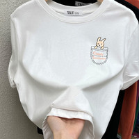 恒源祥2025正肩磨毛短袖T恤女时尚百搭加厚上衣纯棉打底衫春秋冬季 白色(侧边口袋兔子款 磨毛款) L