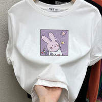 恒源祥2025正肩磨毛短袖T恤女时尚百搭加厚上衣纯棉打底衫春秋冬季 白色(兔子宇航员款 磨毛款) 2XL