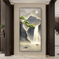 好久不见 流水生财玄关装饰画新中式入户门竖版壁画山水画背景墙挂画