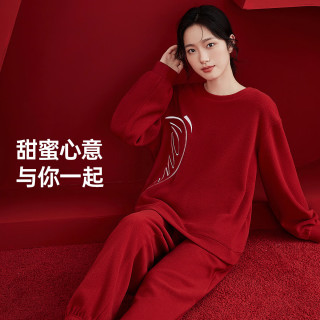 顶瓜瓜爱心嫁衣软糯摇粒绒红色女士长袖家居服毛茸茸睡衣喜庆 红色 L (165)