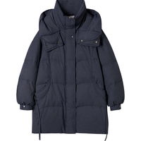 对白90白鸭绒连帽羽绒服女2025冬季新款高蓬松通勤保暖中长款外套 午夜蓝