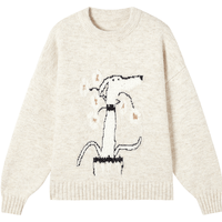 对白（DUIBAI）×三本艺术家联名小狗毛巾绣提花针织衫女2025冬新款圆领毛衣 米杏色