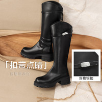 百思图2025冬季商场新款高跟骑士靴圆头粗跟女棕色长靴BV235DG5 黑色 3