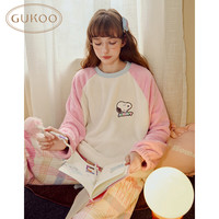 果壳(Gukoo)睡衣女冬季甜美可爱卡通圆领珊瑚绒保暖女士家居服套装可外穿D 史努比套装 M