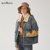 谜底加厚牛仔外套女2024冬款复古机车风毛毛拼接夹克244MW1682 灰蓝 M