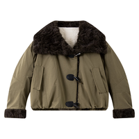 梵希蔓绿色毛绒翻领牛角扣短款外套女25年冬季加绒加厚派克服 30658 军绿色 均码