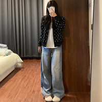 S·J·V·K韩系ins早秋穿搭波点开衫毛衣外套女2025外搭针织衫短款上衣 黑色 均码 适合80-110斤