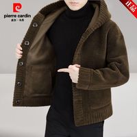 皮尔卡丹羊羔绒连帽外套秋冬款修身高档皮毛一体双面可穿羊毛外套