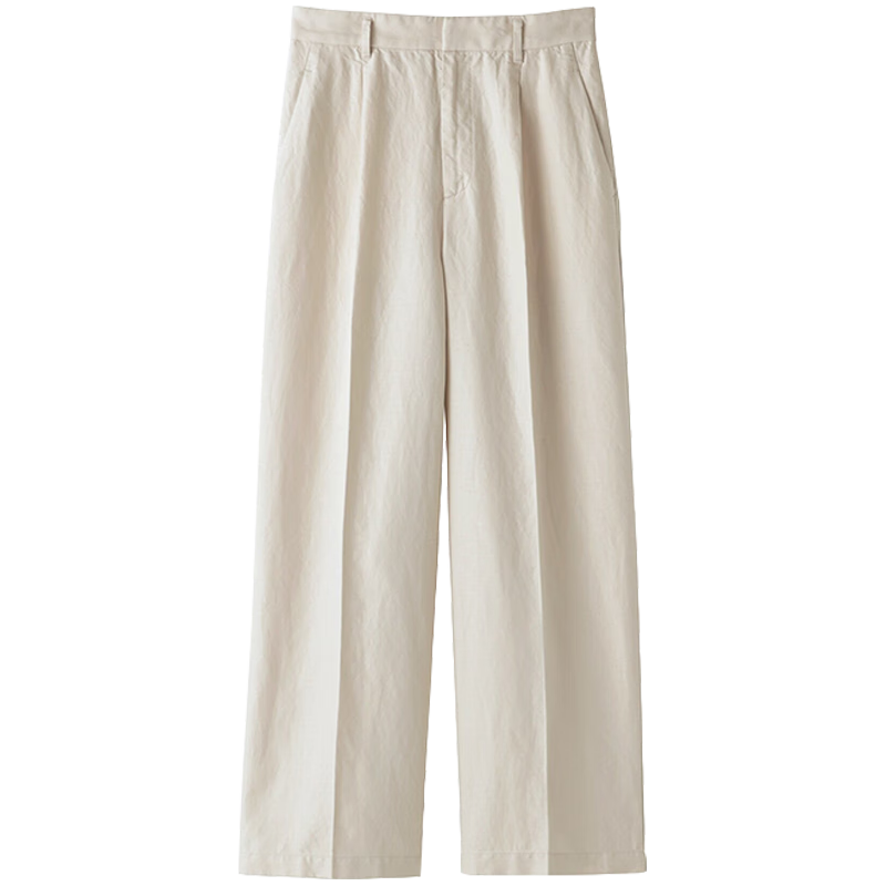 MUJI 無印良品女式汉麻混纺斜纹抽褶宽版阔腿休闲裤 象牙色 XL