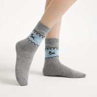 热风 商场同款女士袜子保暖加厚中筒袜25年冬文艺费尔岛小狗高帮袜