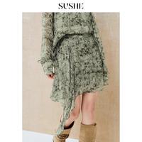 束皙 SUSHE 墨蒲 清冷新中式 水彩晕染印花不规则半身裙女