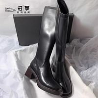 复古女不过膝长筒靴2024秋季百搭高筒V口侧拉链显瘦长靴