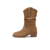 热风 都市游牧风西部牛仔靴2025年冬季美拉德靴子中筒靴堆堆靴女靴