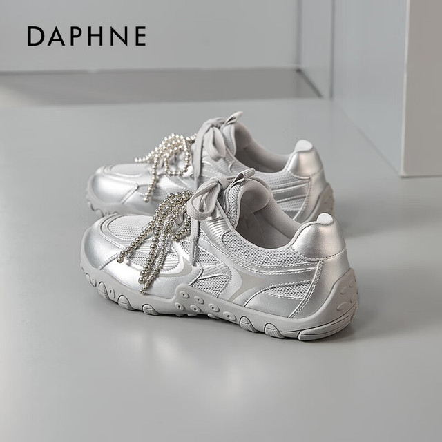 达芙妮 厚底德训鞋 休闲运动 百搭增高 阿甘鞋 银色