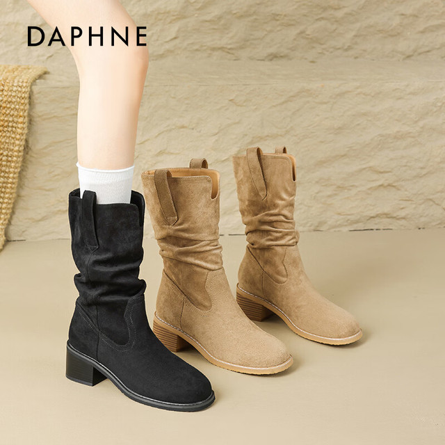 达芙妮 粗跟长筒靴 内增高 软底西部牛仔靴